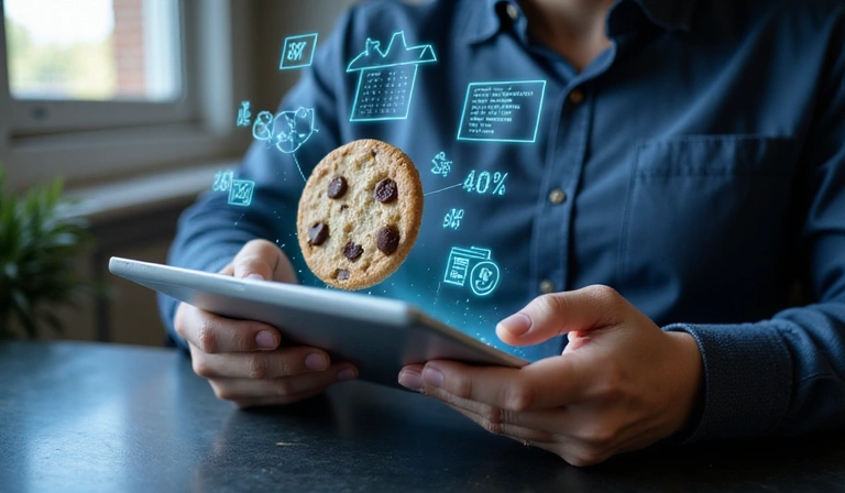 Una persona che usa un tablet, con icone di cookie e statistiche che fluttuano intorno, simboleggiando l'analisi dei dati e la personalizzazione.
